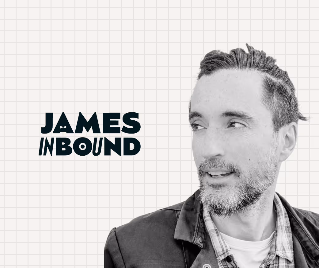 Black and white photo of a man with a beard looking to the side, next to text reading 'JAMES INBOUND' on a grid background.
