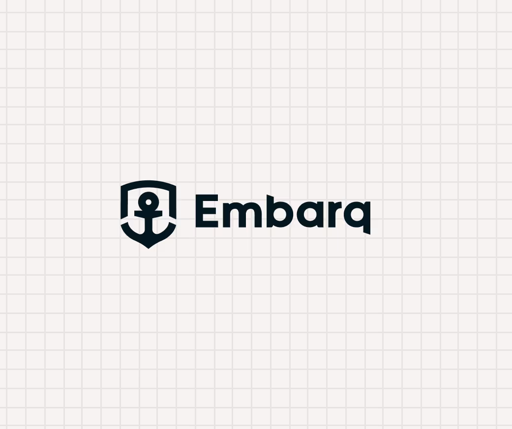 Black Embarq logo featuring an anchor inside a shield on a light grid background.